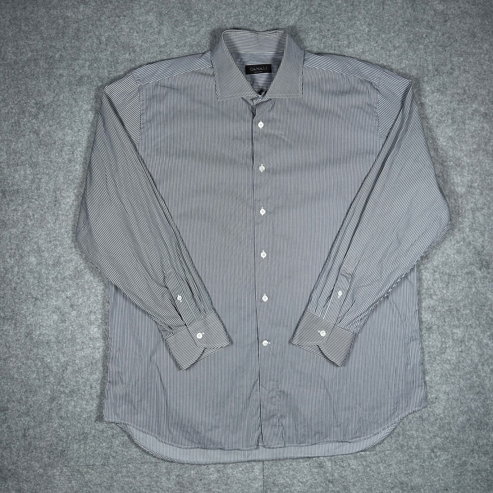 Canali Dress Shirt Mens 46/18 2XL White Striped Italy Made Luxury Button down